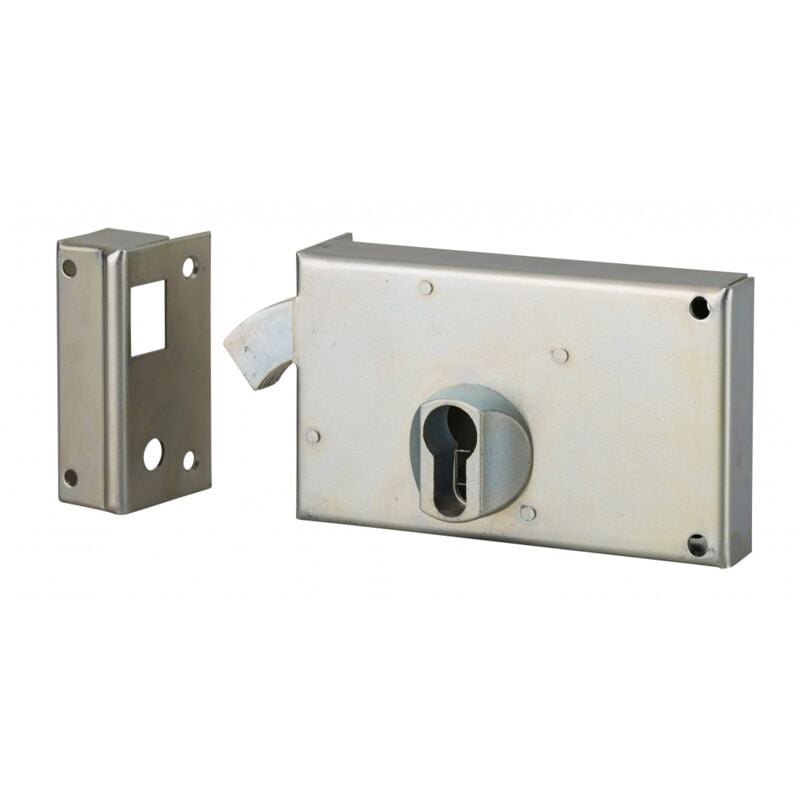 Boitier de serrure horizontale en applique double entrée à crochet pour portail, gauche, axe 60mm, 140x83mm, zingué