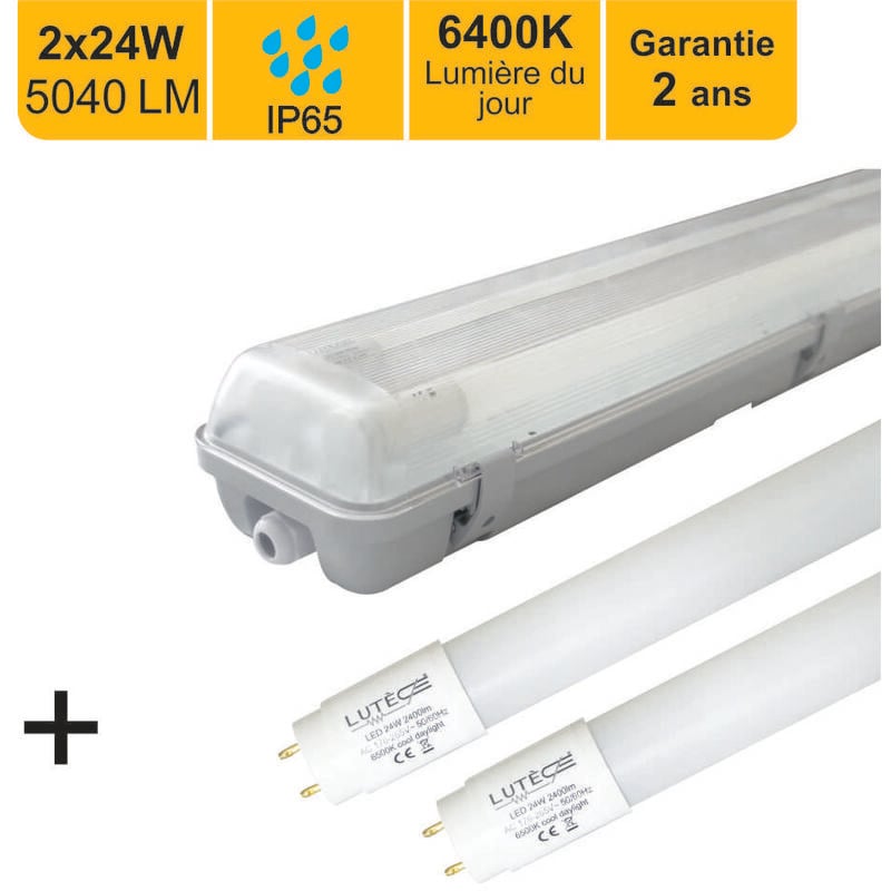 Boitier étanche traversant IP65 150cm + 2 tubes led 2x24W 4800lm 6500K - garantie 2 ans