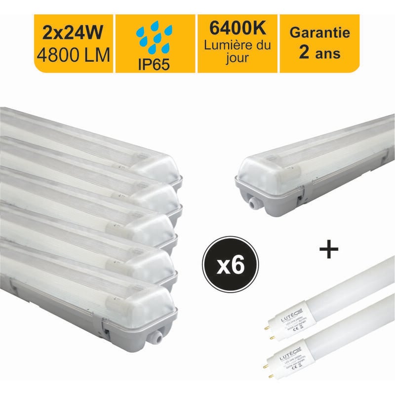 Lutece-arc - Lot de 6 boitiers étanche traversant IP65 150cm + 2 tubes led 2x24W 4800lm 6500K - garantie 2 ans