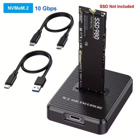 Boîtier externe pour SSD NVMe M.2 avec interface USB-C 3.1, supportant des vitesses de transfert jusqu'à 10 Gbps