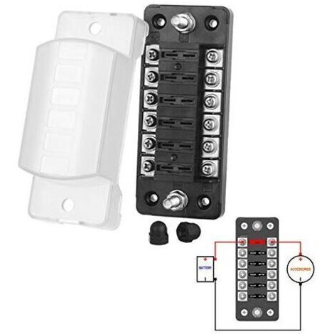 Boîtier fusible 12V 6 voies pour ATO/ATC 1-20A – Tension 32V – Matériau PBT – Connecteurs à vis M5 – Installation rapide par vis autoforeuses