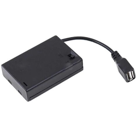Boîtier pour 3 piles AA avec couvercle et interrupteur, connecté à un connecteur USB femelle, noir