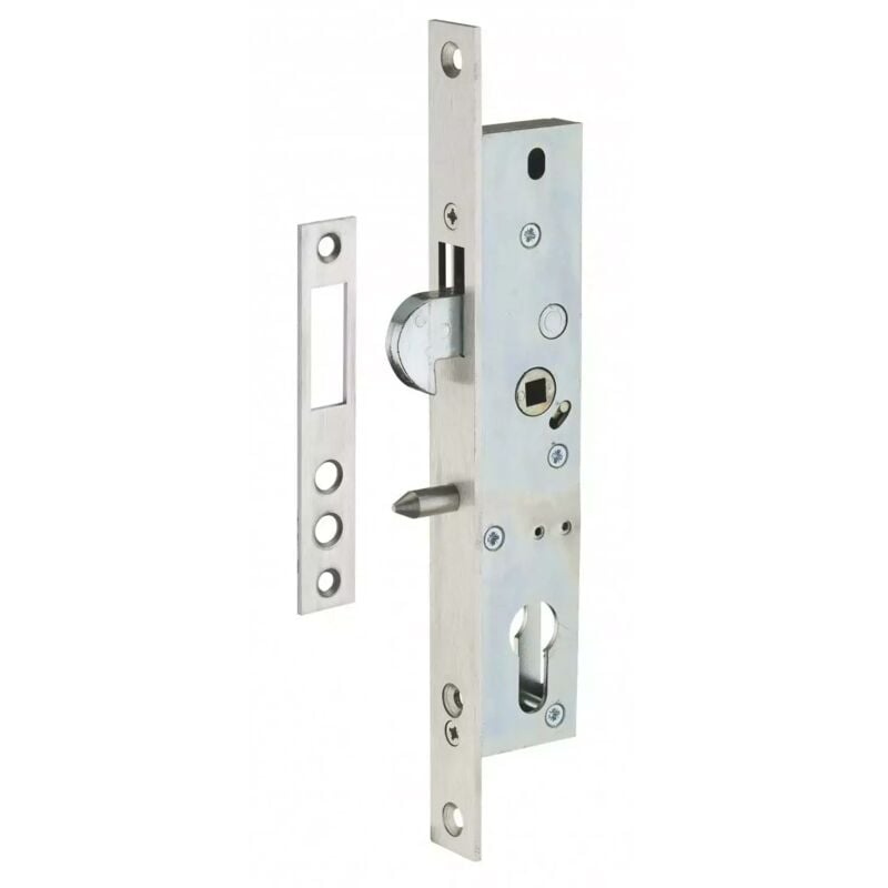 Boitier de serrure encastrable à crochet à cylindre pour porte coulissante, axe 20mm, bouts carrés, zingué