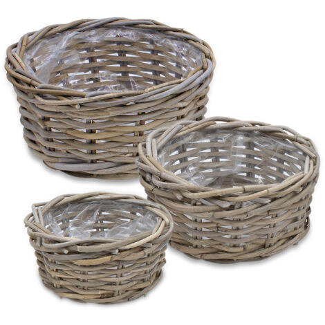 Bol à plantes en rotin en lot de 3 - environ Ø 21 / 26 / 30 cm - panier à plantes rond en saule