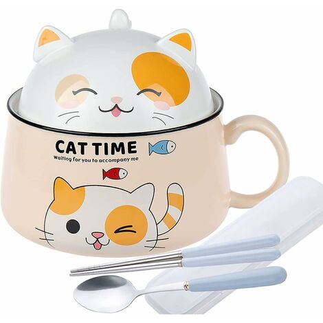 Bol à Ramen avec Couvercle, Bols à Salade Chat Mignon Bols à Céréales et Poignées, Bol en Céramique 1020mL Bol à Nouilles Instantanées Bol à Soupe, Bols à Pâtes Bols à Dessert Soupe de Nouilles Boîte