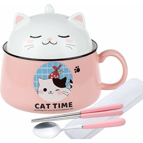 Bol à Ramen avec Couvercle, Bols à Salade Chat Mignon Bols à Céréales et Poignées, Bol en Céramique 1020mL Bol à Nouilles Instantanées Bol à Soupe, Bols à Pâtes Bols à Dessert Soupe de Nouilles Boîte