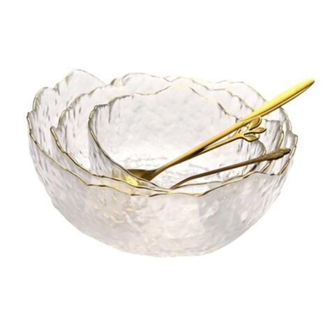 Bol à Salade en Verre, Bol en Verre IrréGulier avec Bord Incrusté D\'Or, Salade Transparente, Soupe Aux Fruits, Bol à MéLanger pour