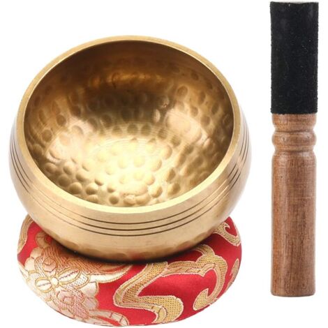 Bol chantant tibétain authentique – main, avec battant cuir + coussin, yoga/massage/guérison.
