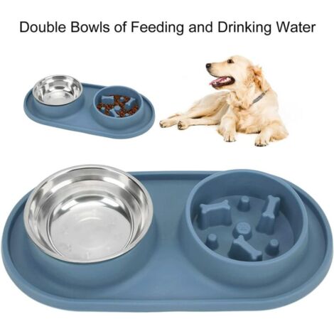 Bol de nourriture lente pour animaux de compagnie, bols de nourriture et d'eau pour animaux de compagnie en silicone antidérapant amovible en acier inoxydable pour chiens pour chats(bleu)