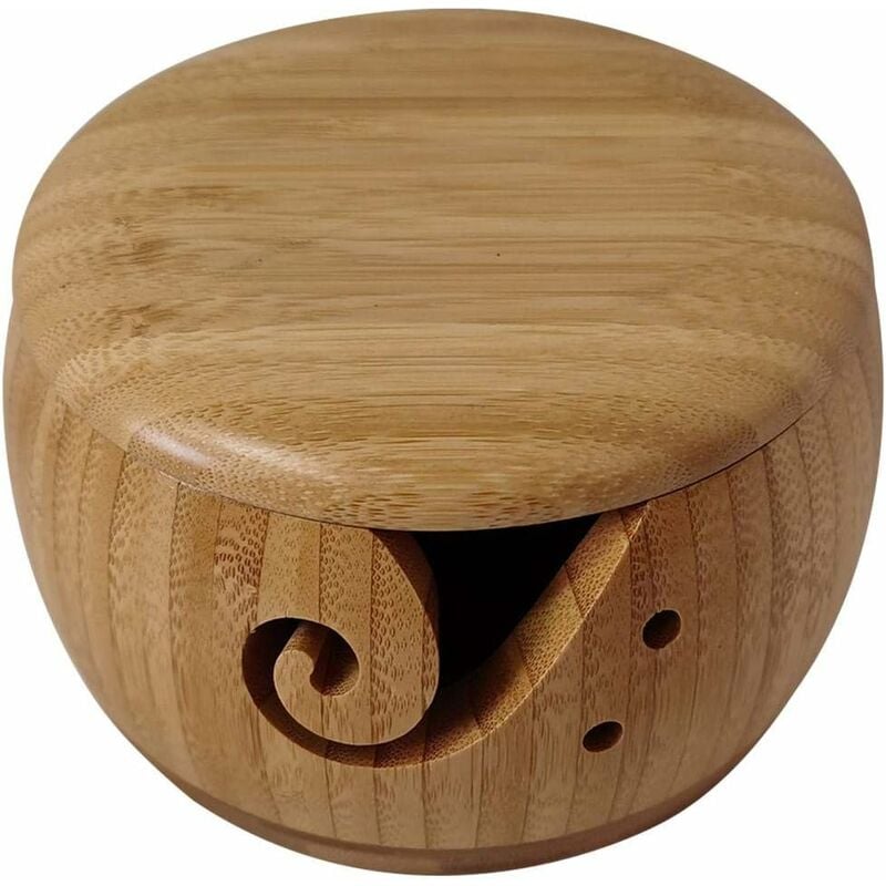 Bol de rangement portable en bois fait à la main avec couvercle pour tricot et crochet, surface lisse(bamboo) - yellow - Ahlsen