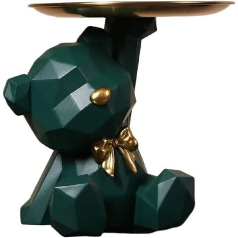 Bol de resina con forma de oso para llaves, almacenamiento de joyas y accesorios, estatua con bandeja verde oscuro