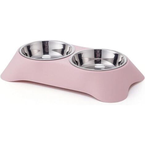 Bol double pour chien, bol double en acier inoxydable antidérapant avec anti-déversement pour petits chiens et chats (S, rose)