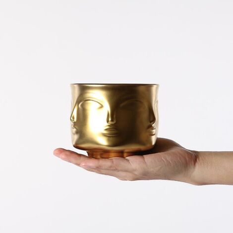 Bol en céramique dorée à motif de visage - Vase décoratif multifonctionnel, organiseur de bijoux et porte-clés pour le salon