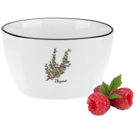 Bol en porcelaine pour salade Provence Thym 350 ml blanc laiteux imprimé coloré rameau de thym bordure noire porcelaine New Bone