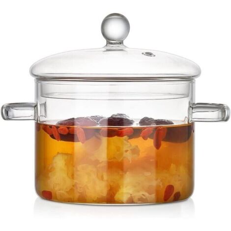 Bol en verre résistant à la chaleur 1600 ml avec couvercle – saladier double poignée transparent pour fruits, desserts et service