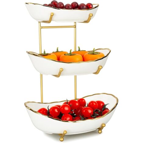 Bol fruits blanc 3 niveaux, céramique + support métal, snacks/légumes/bonbons