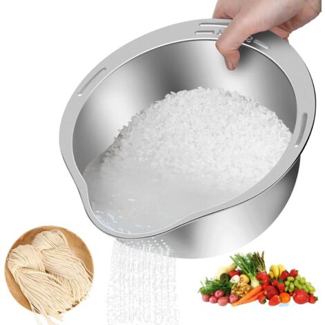 Bol para arroz con colador, escurridor de verduras con colador, colador de arroz de acero inoxidable para lavar frutas, verduras y legumbres, utensilio de cocina multifuncional.