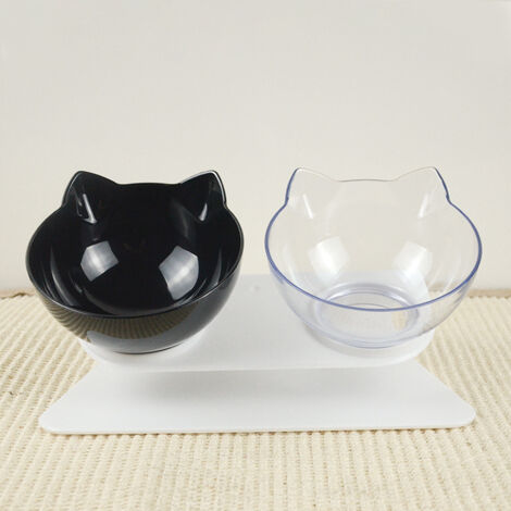 Bol pour chat double, bol pour chat surélevé à inclinaison de 15 °, mangeoire pour animaux de compagnie à double bol avec support surélevé(un bol noir et un bol transparent)