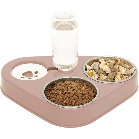 Bol pour chat double sur¨¦lev¨¦, bol pour chat en acier inoxydable anti-vomissements 3 en 1, bol ¨¤ eau automatique pour animaux de compagnie, disponible pour les chats et les chiots (rose)