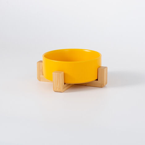 Bol pour chat en céramique jaune avec support en bambou, anti-renversement, design épuré