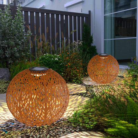 Bola de decoración de jardín decoración solar para exterior, lámparas solares exteriores para bola de decoración exterior, perforaciones decorativas, óxido, LED AKKU, DxH 27 x 38 cm, juego de 2