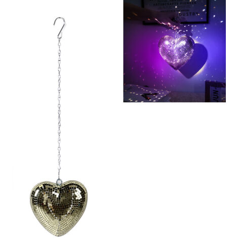 Bola de espejos decorativa, reflectante y brillante en forma de corazón con cadena para fiestas, karaokes y bares, color oro champán.