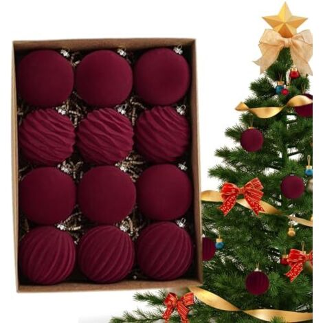 Bolas de Navidad, bolas de Navidad de terciopelo, 12 piezas, bolas de Navidad flocadas, bolas rojas para el árbol de Navidad