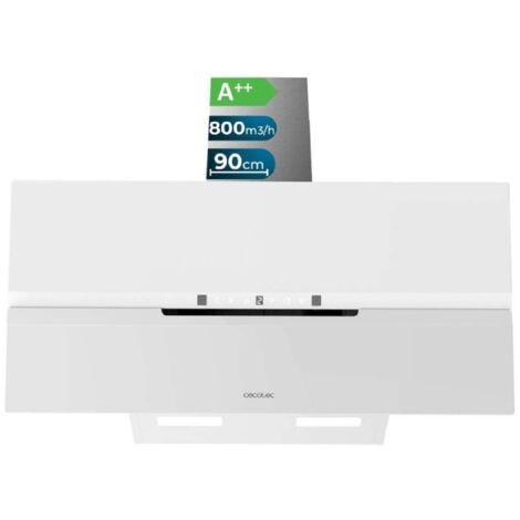 Bolero flux dt 908010 verre blanc a++ de 90cm de large, façade en verre finition white mat, cheminée en acier inoxydable, aspiration 800m3/h, moteur 210w, classe a++, control touch.
