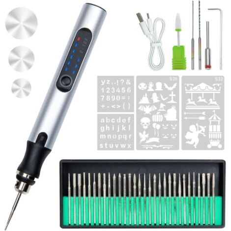 Bolígrafo de grabado eléctrico de 36 bits - Grabador rotatorio inalámbrico recargable por USB, miniherramienta de grabado portátil para metal, madera, vidrio, plástico, joyería y piedra (plata)