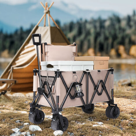 Bollerwagen Gartenwagen Faltbar mit Bremsen 150KG Transportwagen verstellbarem Griff Gartenkarre Gerätewagen Handwagen Geländereifen Strandwagen für Alle Gelände Kaffeebraun