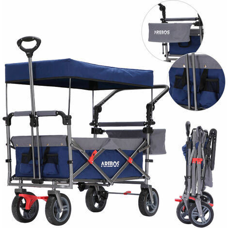 Bollerwagen Premium faltbar mit Dach  Handwagen mit 3-Punkt Gurtsystem  Faltwagen  Transportwagen  klappbar  bis 100 kg Tragkraft  Vorder- und Hinter-Bremse  Inkl.Tragetasche  Blau