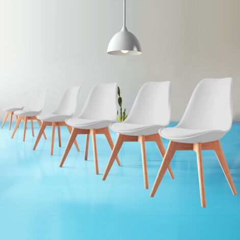 Bolli – Chaises de salle à manger scandinaves – Lot de 6 – Cuir PU résistant à l'eau – Dossier ergonomique – Hauteur 81cm – Base en bois de hêtre