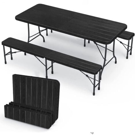 BOLLI Ensemble Table Pliante et 2 Bancs - Table de Jardin 8 Personnes - pour la Terrasse, le Camping, le Jardin, Pique - Nique Noir