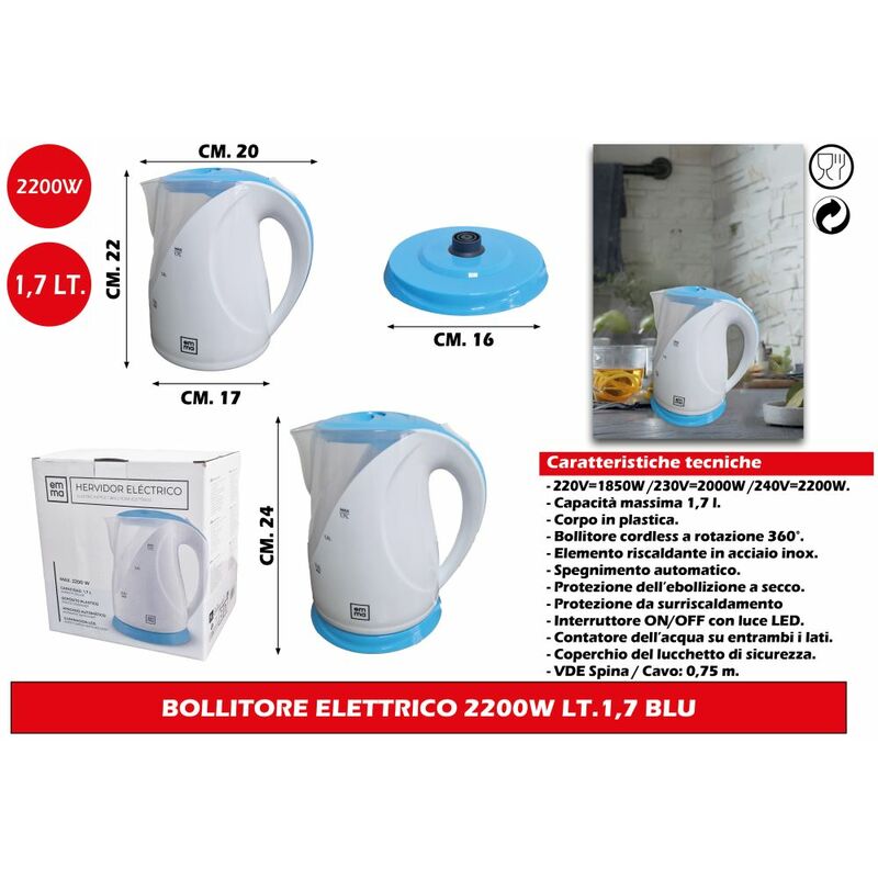 Image of Bollitore elettrico 2200W LT.1,7 blu