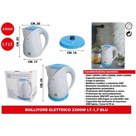 Bollitore Elettrico 1,7Lt 2200W Acqua Calda Cordless Wireless