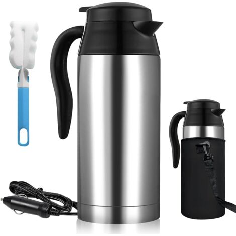 Bollitore elettrico in acciaio inox con spina per accendisigari auto, 24 V, capacità 750 ml, funzione riscaldante per la tazza e spegnimento automatico.