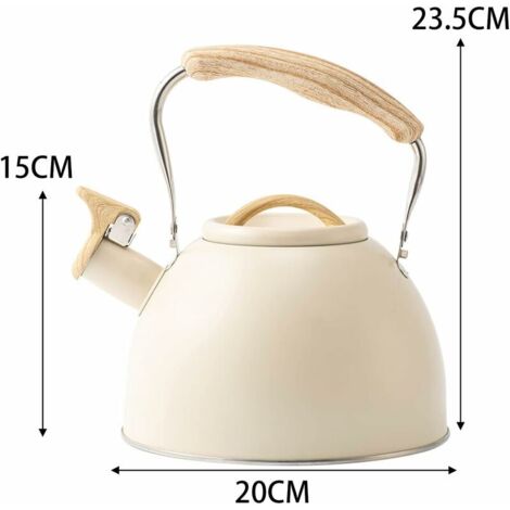 Bollitore in acciaio inox con manico in legno, 3 litri, a induzione, con fischietto, stile retrò, adatto a piani cottura elettrici, a gas e in vetroceramica (beige)