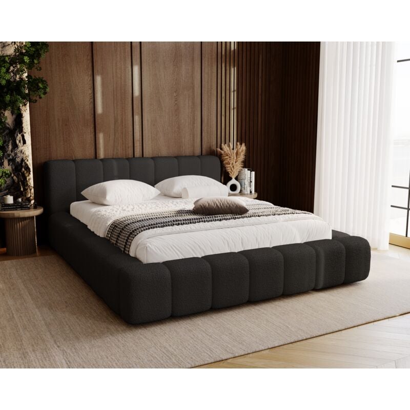 Emporius - Bolonia lit coffre 160x200 - lit bouclé avec rangement, mousse épaisse, lit double 160 x 200 cm - tissu bouclé Noir (Anthology 19)