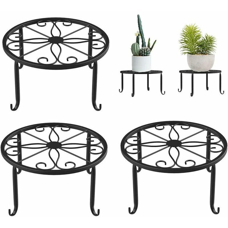 VURAHOME - BoloShine Tabouret de Fleur Support de Plante, 3 Pcs Support de Fleur en Métal Noir en Fer Forgé Rond Jardinière Base de Pot de Fleurs