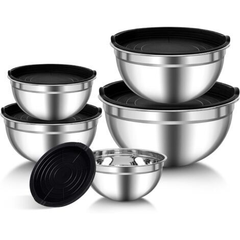 Bols à mélanger en Acier Inoxydable, Lot de 5 Saladiers avec couvercles hermétiques, 0.7L/ 1.1L/ 1.5L/ 2.7L/ 4.5L Empilables et lave-vaisselle, ustensiles de cuisine pour stockage et mélange