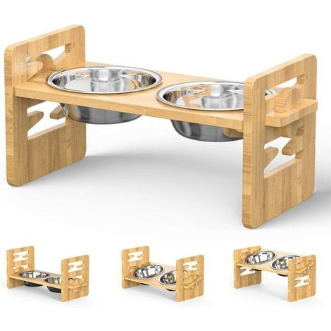 HALOYO Bols surélevés en bambou pour chiens et chats de petite et moyenne taille, mangeoire réglable en bambou pour animaux de compagnie, ensemble de bols surélevés avec 2 bols en acier inoxydable