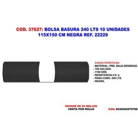 bolsa basura 240 l 10 und 115 x150 cm negra galga 150 ref.22229