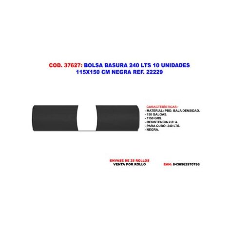 BOLSA BASURA NEGRA 240 L 10 UNIDADES 115 X 150 CM FLOWER REF. 22229