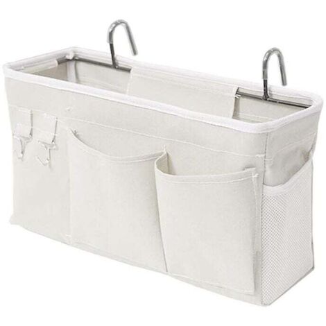 Bolsa de almacenamiento blanca para mesita de noche con gancho para colgar, ideal para libros, revistas, celulares y auriculares.
