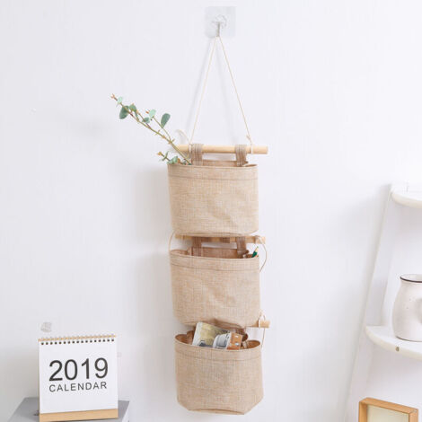 Bolsa de almacenamiento colgante con bolsillos (caqui), bolsa de almacenamiento colgante de lona de lino y algodón de 3 capas, organizador de pared para puerta, dormitorio y baño.