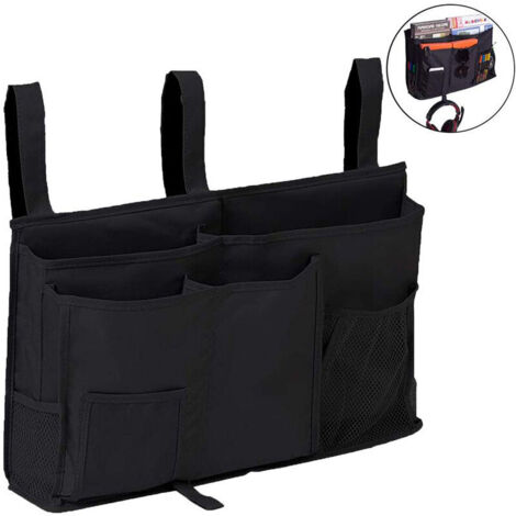 Bolsa de almacenamiento colgante de tela Oxford negra para mesita de noche, ideal para teléfono, libros, revistas y control remoto.