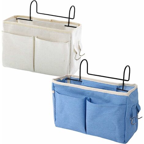 Bolsa de almacenamiento para colgar en la cama, 2 unidades, color blanco/azul, para colgar en la cama, organizador de mesita de noche, cama colgante para cama alta, libros, botellas, teléfono, revista