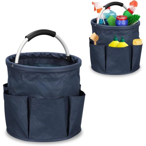 Bolsa de almacenamiento plegable, cesta cilíndrica con 6 bolsillos laterales, bolsa para herramientas, 28 x 28 x 28 cm, 17 L (azul marino)