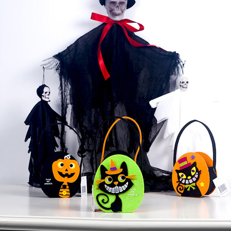 

Bolsa de dulces de Halloween, canasta de almacenamiento de fieltro de tela de caramelo, canasta de regalo de gato de calabaza, bolso de truco o trato