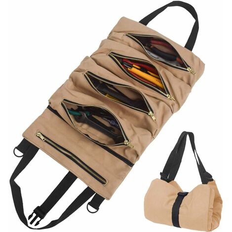 Bolsa de herramientas con 5 bolsillos con cremallera, bolsa de lona portátil para herramientas, herramienta organizadora automática de rollo de herramientas para electricista, plomero o mecánico (caq